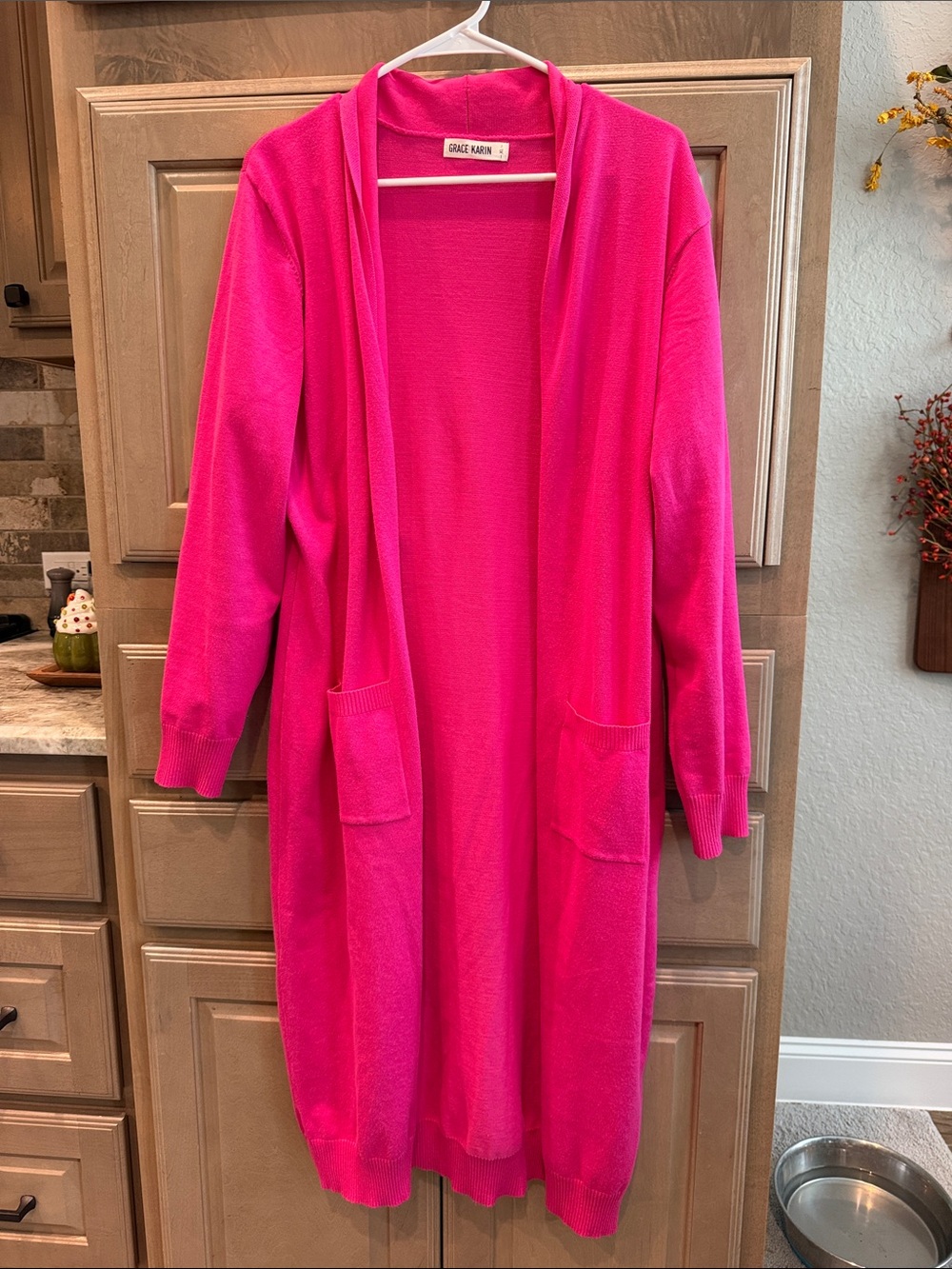 Grace Karin Hot Pink Long Open-Front Cardigan with Pockets